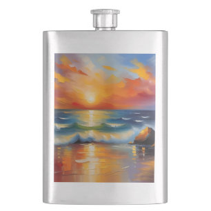 Cantil Óleo Pintura do pôr do sol laranja sobre o oceano