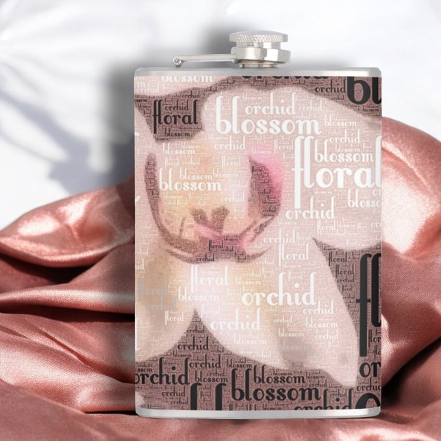 Cantil Orquídea Rosa Dourado Floral Flora Colagem (8 oz flask front word cloud orchid design)