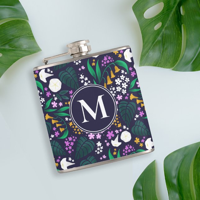 Cantil Padrão Botânico Floral do Jardim da Lua Noturna (Moon Garden Monogram Flask)