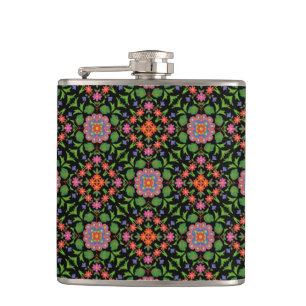 Cantil Padrão Chic Floral Rangoli no Flask Black Hip