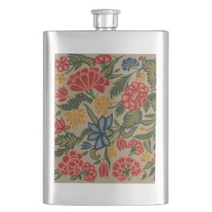 Cantil Padrão Floral de Crewel Vermelho e Dourado Vintage