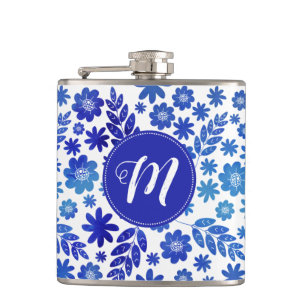 Cantil Padrão Floral e Monograma Desenhado à Mão Azul na