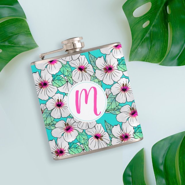 Cantil Padrão Floral Tropical de Hibiscus Rosa e Branco (Tropical Hibiscus Monogram Flask)