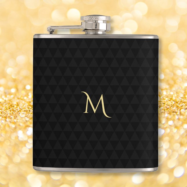 Cantil Padrão Preto Moderno Monograma Dourado Personaliza (Personalized Gold Monogrammed Modern Black Pattern Flask)