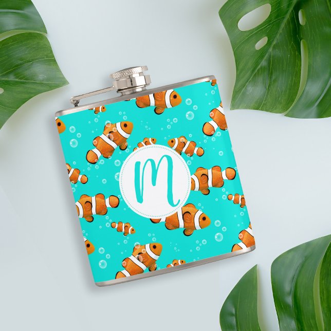Cantil Padrão Tropical de Palhaço e Bolhas (Tropical Clownfish Pattern & Monogram Flask)