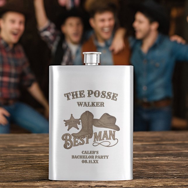 Cantil Padrinho de Casamento Rústico Cowboy Posse Despedi (AI-generated models used in mockup imagery.)