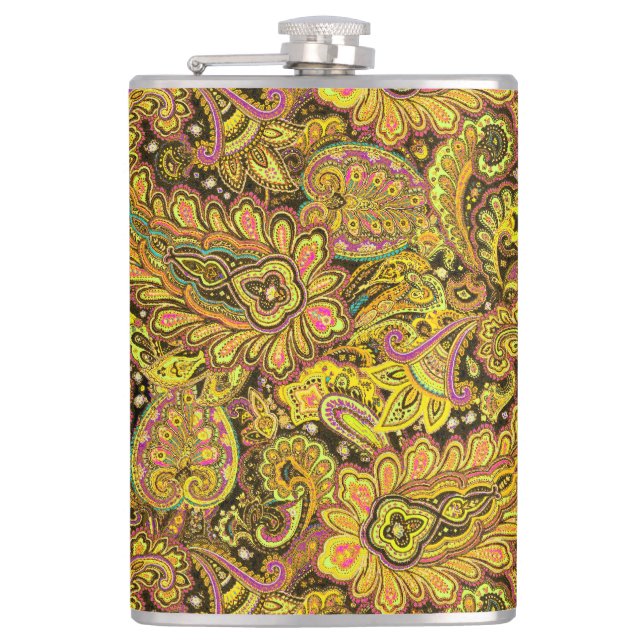 Cantil Paisley Motif in Yellow, Brown on Black Background (Frente)