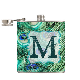 Cantil Peacock Bird Feather Teal Monograma Whiskey Flask