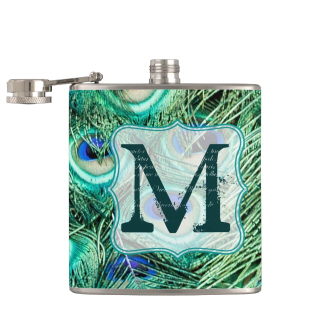 Cantil Peacock Bird Feather Teal Monograma Whiskey Flask (Aberto)