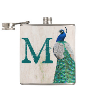 Cantil Peacock Bird Feather Teal Monograma Whiskey Flask