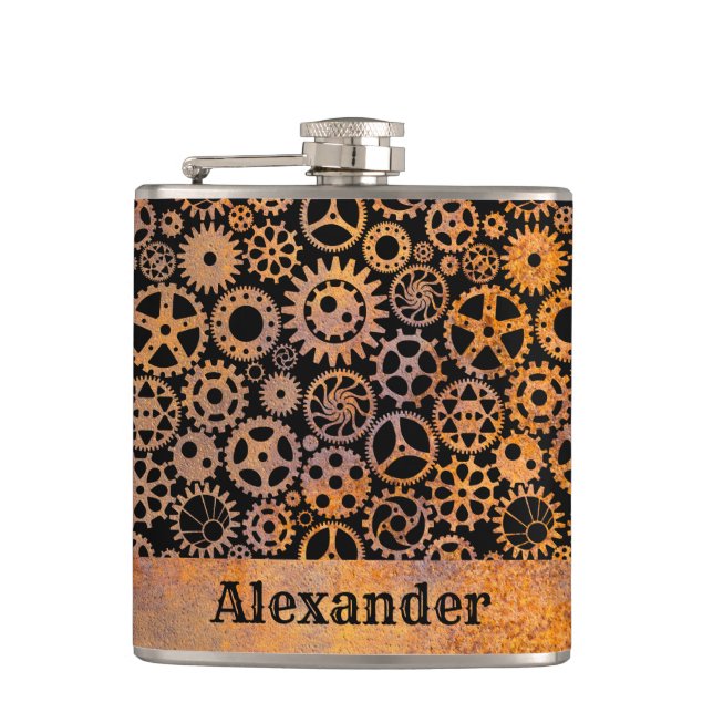 Cantil Pequeno Steampunk Rusty Gears Nome Personalizado (Frente)
