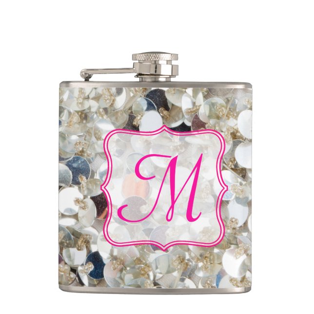 Cantil Pilha de Glitter Monograma Whiskey Flask (Frente)