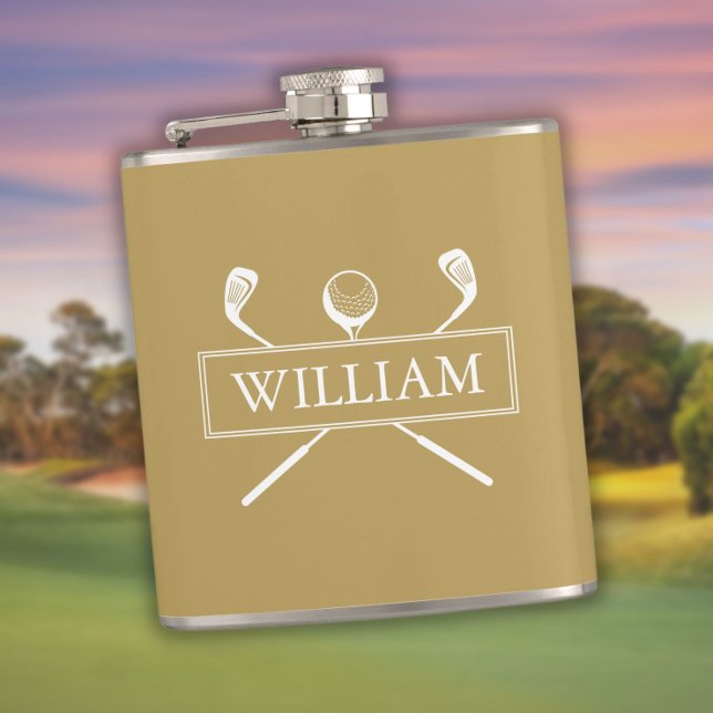 Cantil Pilhas E Bola De Nomes Personalizados Dourados E B (Gold And White Personalized Name Clubs And Ball Flask)