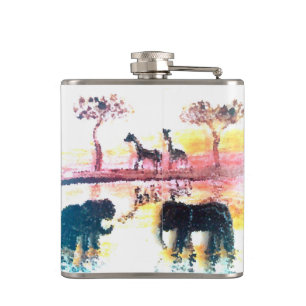Cantil Por do sol que pinta o elefante africano, girafa