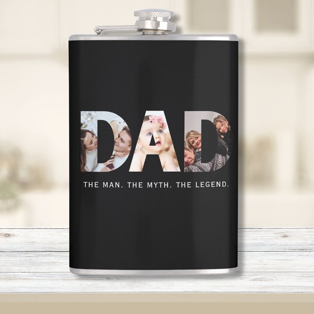 Cantil presente de lenda do pai com 3 colagem de fotos (Dad flask, with 3 photo collage. Text: "The man. The myth. The legend")