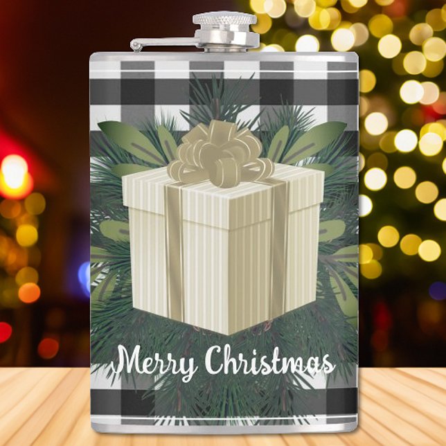 Cantil Presente de Natal na Xadrez de Buffalo | DOURADO (Gold Buffalo Plaid Christmas Gift Flask)