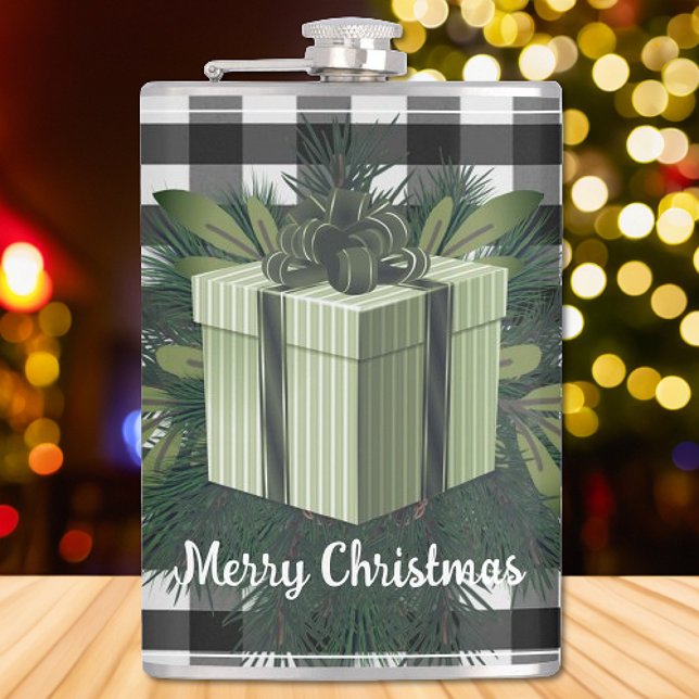 Cantil Presente de Natal na Xadrez de Buffalo | Verde (Green Buffalo Plaid Christmas Gift Flask)