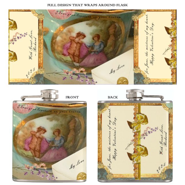Cantil Presente Romântico do Teacup Francês (Using many individual items of ornamentation, great attention to detail produced this romantic flask)