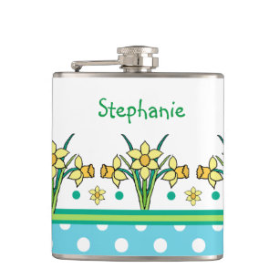 Cantil Primavera Daffodil Border e Bolinhas Hip Flask