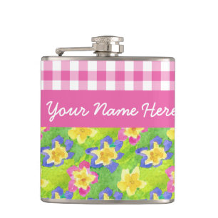 Cantil Primroses Hip Flask to Personalize: Gingham Rosa