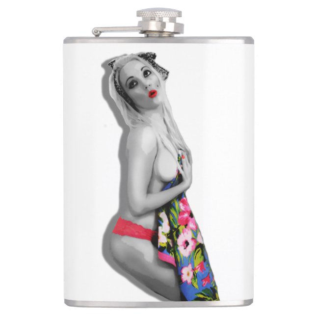 Cantil Retro Pinup Girl Hip Flask Miss Cherrie White (Frente)