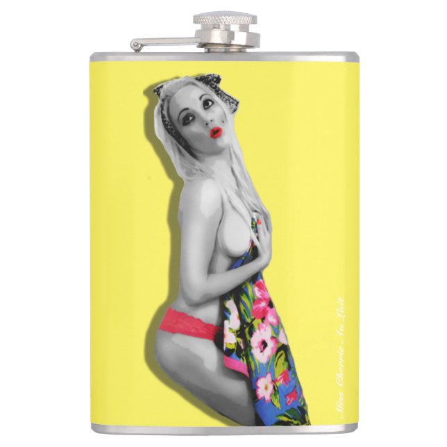 Cantil Retro Pinup Girl Hip Flask Miss Cherrie Yellow (Frente)