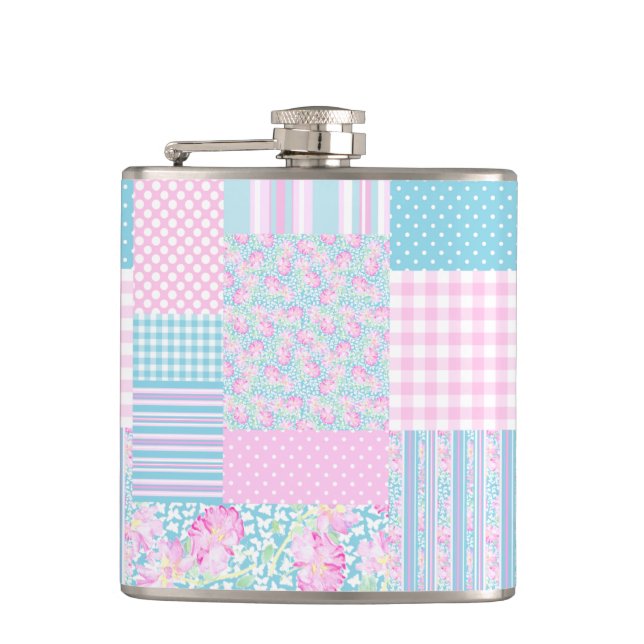 Cantil Rodas Rosa Borboletas Faux Patchwork Hip Flask (Frente)