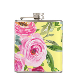 Cantil Rosas de aquarelas em rosa e creme em amarelo