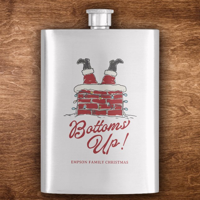 Cantil Santa Fundo para Cima Festa Divertida de Natal (Stainless steel flask with a Santa chimney motif, light string detail, and bold “Bottoms Up!” script)