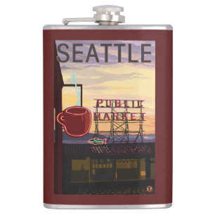 Cantil Sinal do mercado do lugar de SeattlePike e opiniã