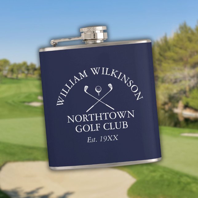 Cantil Taco de golfe e nome do membro azul-marinho (Golf Club And Member Name Navy Blue Flask)