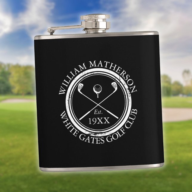 Cantil Taco de Golfe Personalizado Preto e Branco (Personalized Black And White Golf Club Name Flask)