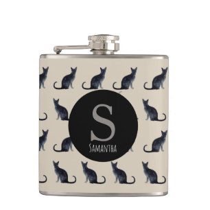 Cantil Taupe Watercolor Black Cat Monograma Flask
