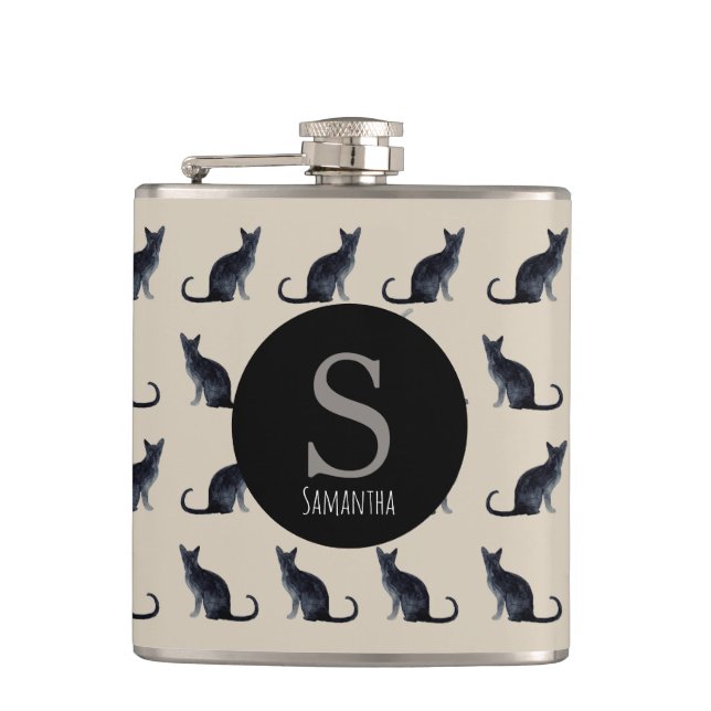 Cantil Taupe Watercolor Black Cat Monograma Flask (Frente)