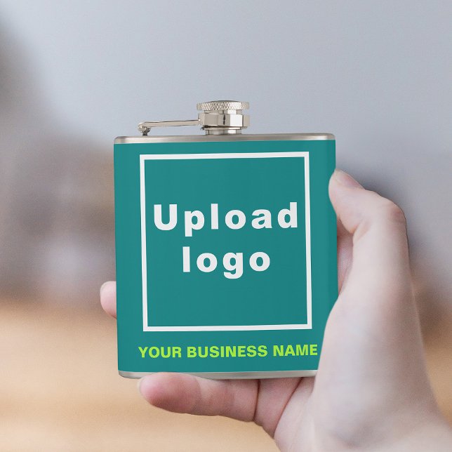 Cantil Teal Green Business Marca no frasco molhado de vin (Your business name and logo on teal green vinyl wrapped flask.)
