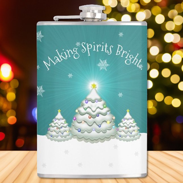 Cantil Teal Snowy Pala de Árvore de Natal (Teal Christmas Tree Flask)