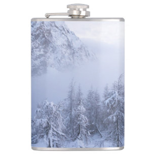 Cantil Terra maravilhosa do inverno, nevoeiro, floresta d