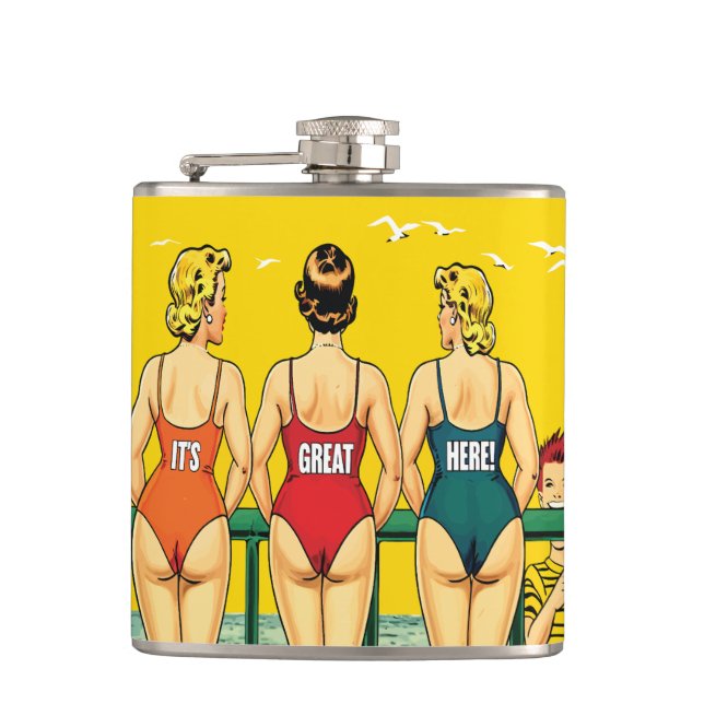 Cantil Três Meninas de Pin-up por trás, Humor de Praia, E (Frente)