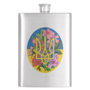 Cantil Tridente ucraniano e bandeira da Ucrânia com flore