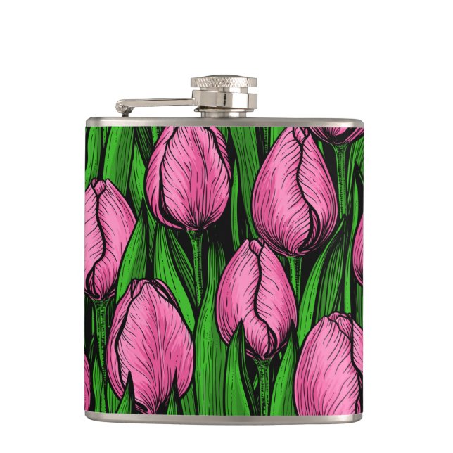 Cantil Tulipas cor-de-rosa com folhas verdes (Frente)