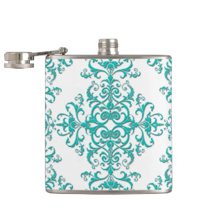 Cantil Turquesa Aquática e Floral Damask Branco Fancy
