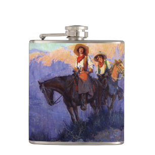 Cantil Vaqueiros do vintage, homem e mulher em cavalos,