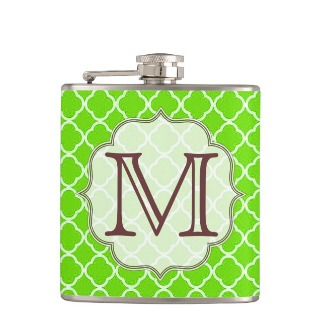 Cantil Verde limão Triterfoil Monograma Whiskey Flask (Frente)