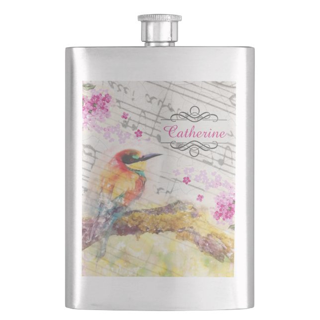 Cantil Vintage bird on tree rosa flower decoupage (Frente)