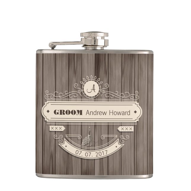 Cantil Vintage Groom Casamento Ornement Woody Flask (Frente)