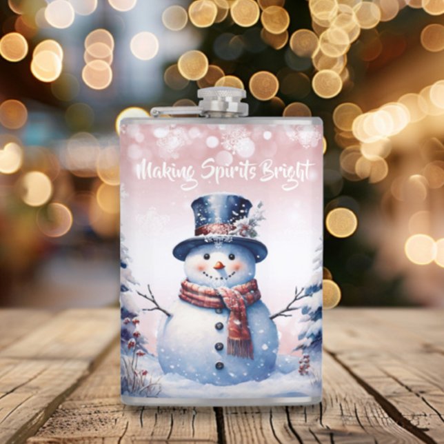 Cantil Winter Forest Snowman Natal | Cor de Rosa (Pink Winter Forest Snowman Christmas Flask)