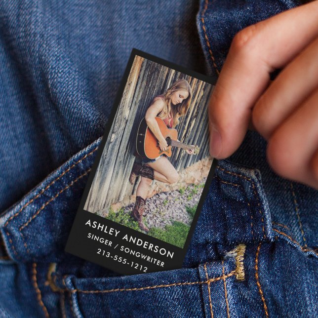 Cantor Musical Photo Promo Cartão de visita - Blk (Customize to change background color, text size or text style.)