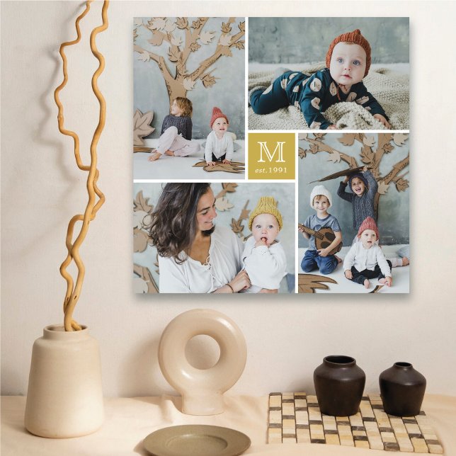 Canvas de Colagem de Fotografias do Monograma da F (Modern Square Family Monogram 4 Photo Collage Canvas @ fat_fa_tin)