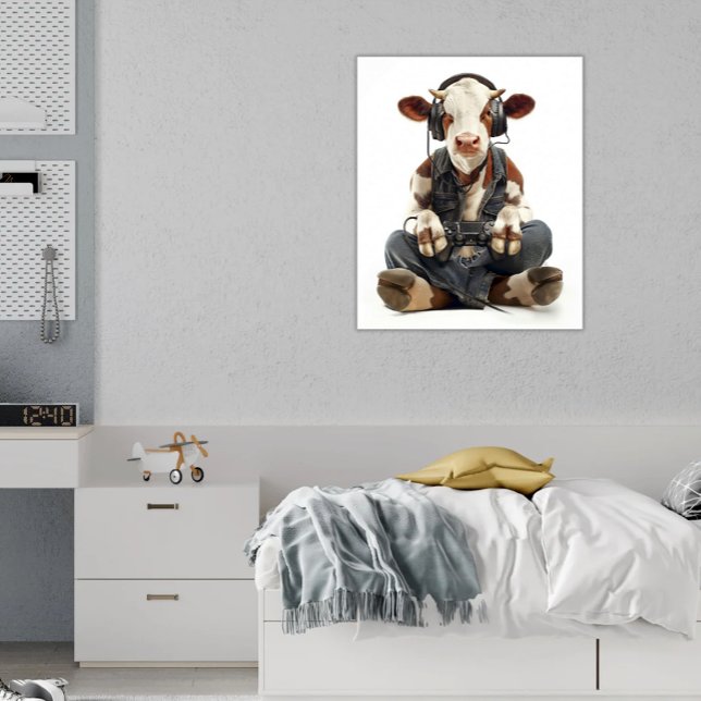 Canvas De Gamer Vaca Crianças Engraçadas Decência  (Funny Gamer Cow wearing headphones and Denim Jeans playing video games Kids Canvas Art)