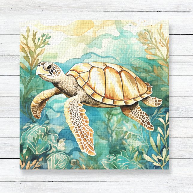 Canvas de Tartaruga do Mar de Aquarela (Coastal Art for Kids or Bathroom - Watercolor Turtle Canvas Print)